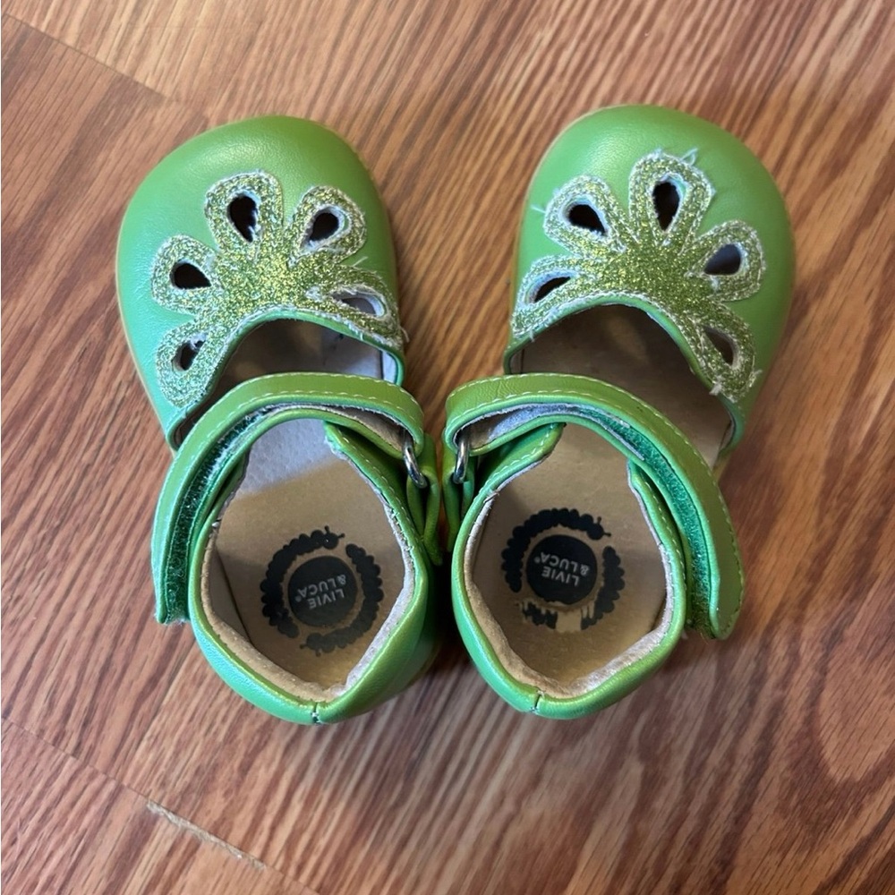 Livie & Luca Green Baby Walker Shoes with Floral Cutouts